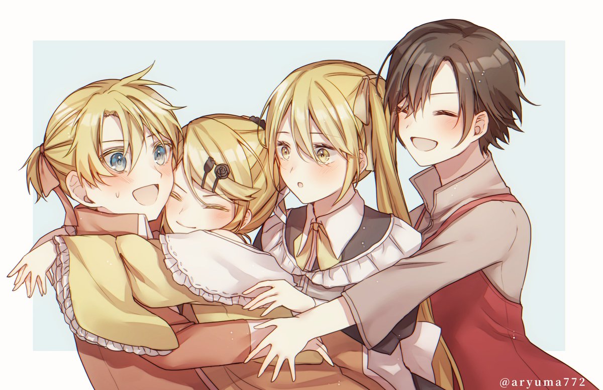 kagamine len ,kagamine rin brother and sister multiple girls twins hug blonde hair siblings wide sleeves  illustration images