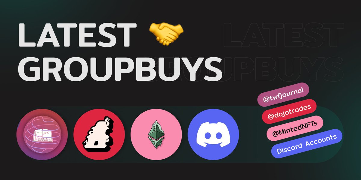 GROUPBUYS🤝

We always try to make it easier for our users to earn money💸

Therefore, recently we have held several groupbuys:
- @dojotrades 
- @twfjournal
- <a href="/MintedNFTs/">Minted</a>
- Discord accounts

The announcement of the new module is coming soon🤫🚀