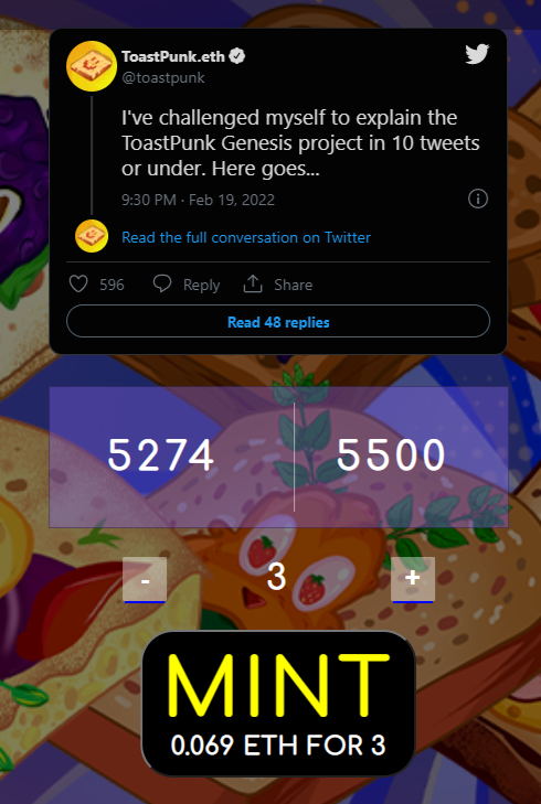 toastpunk's tweet photo. #GasAlert #FinalCall

Minting 3 at a time at 0.069 $ETH has a gas charge right now at $8.22 (that is $2.74 each). A real loaf of bread will cost more! 😅

Let's get us to the finish line by minting and showing us what you got!

#GetThatBread 🍞
🔗 https://t.co/V6SX8Rlzjb https://t.co/jnWoxAAJyK