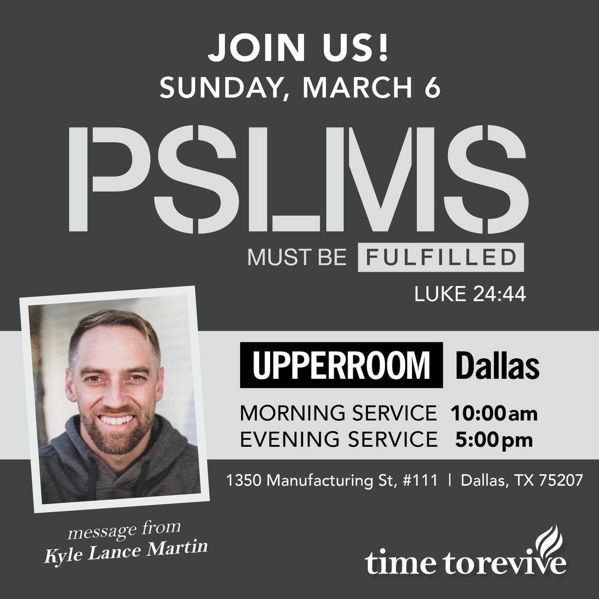 KyleLanceMartin's tweet photo. Join us this Sunday as Kyle continues the @upperroomm Maranatha Teaching series with a focus on the prophetic Psalms. If you are not in the area, you can still watch it online by clicking on the link. 

https://t.co/STwRa9aGBY

#upperroom #timetorevive #pslms https://t.co/p1iBycf6MY