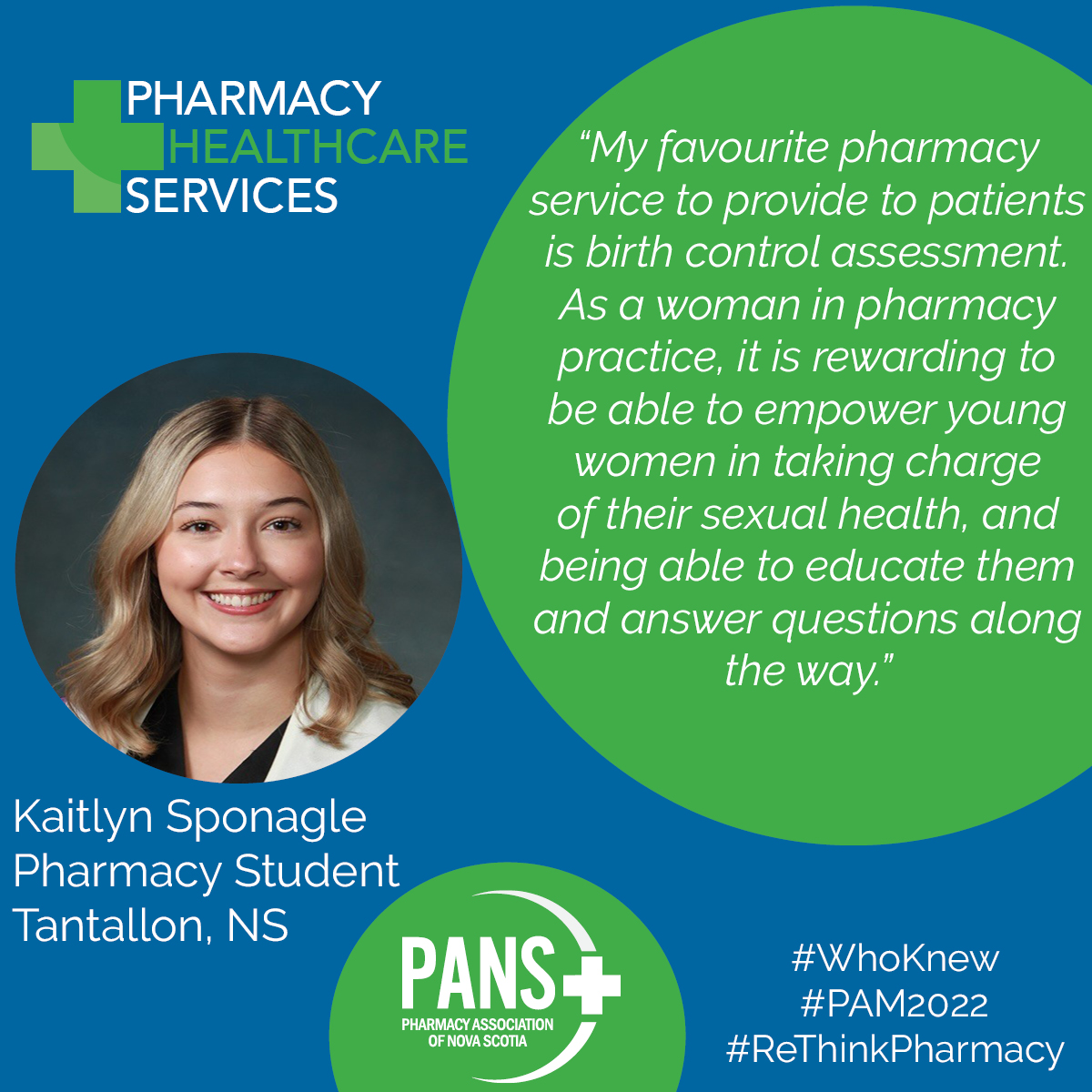 PharmacyNS's tweet photo. Meet pharmacy student Kaitlyn Sponagle, who uses her knowledge and skills to empower women.
Thank you, Kaitlyn, for everything you do for your patients!
#PAM2022 #WhoKnew #ReThinkPharmacy #ThankYouPharmacy https://t.co/nXfRGOtxt3