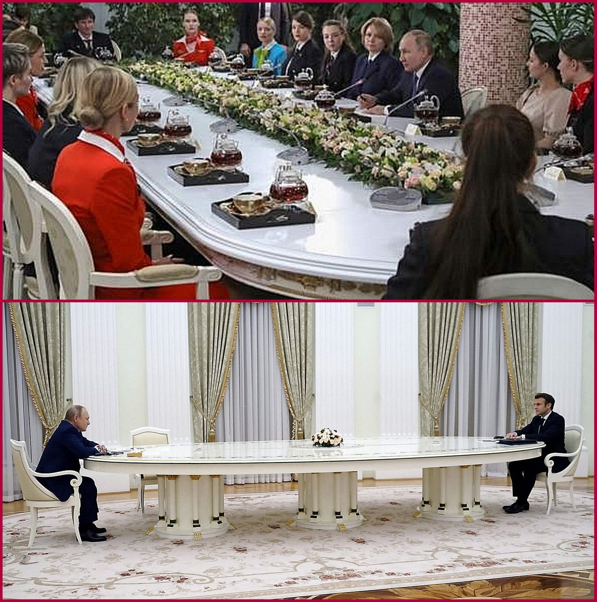 Neshe_Lie's tweet photo. Møtetema: #Ukraina. Disse bildene ble tatt med noen dagers mellomrom. Det ene viser møtet mellom Macron og Putin, det andre taler for seg selv. Samtidig faller bombene over Ukraina 💙💛 https://t.co/BvkHPGkWoW