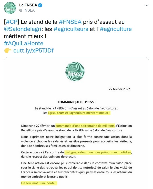 xrFrance's tweet photo. 👋 Chèr·e·s lobbyistes de la #FNSEA, suite à l'action au #Salondelagriculture du 27 février 

Vous nous dites que les violences sont inacceptables
Vous nous dites que les "agriculteurs méritent mieux"
Vous nous dites : #AQuiLaHonte 

MAIS OUI ! Nous sommes d'accords 👍
[THREAD] https://t.co/YXlV3wzsMc