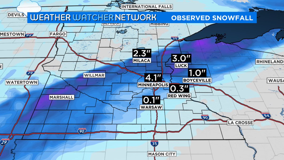 The @WCCO Weather Watcher Network is fired up and showing us how much snow fell last night.  I'll update this map with more reports as they arrive; in the meantime, know that you can see all of our WWN reports, anytime, at https://t.co/ATwhVXIIMm #mnwx #wiwx https://t.co/iJmuARQo0r