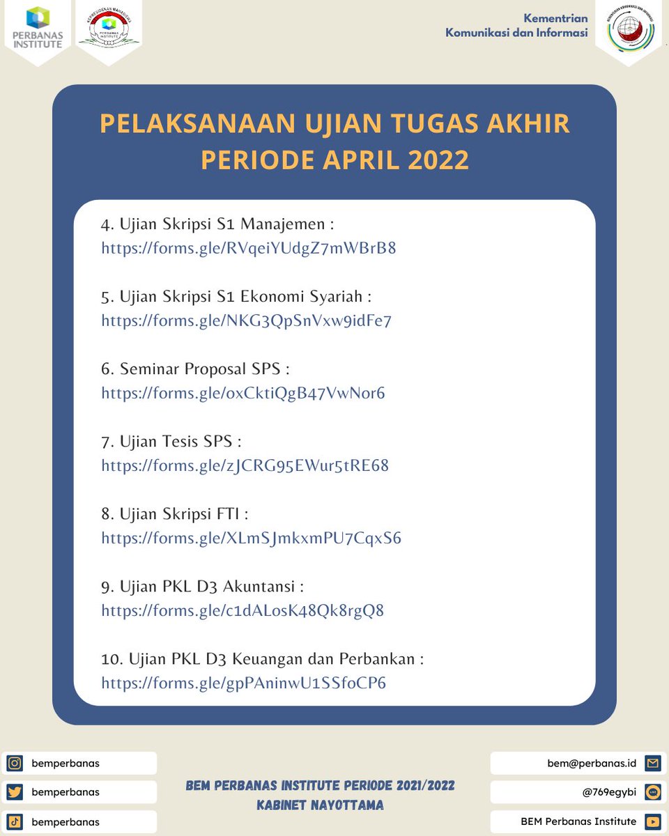 bemperbanas's tweet photo. [ INFORMASI TUGAS AKHIR ]

Halo, Mahasiswa/i Perbanas Institute!

Kami sampaikan jadwal pelaksanaan ujian tugas akhir bagi mahasiswa Fakultas Ekonomi dan Bisnis, Fakultas Teknologi Informasi dan Sekolah Pascasarjana untuk periode April 2022. https://t.co/ov5rwtyc2j