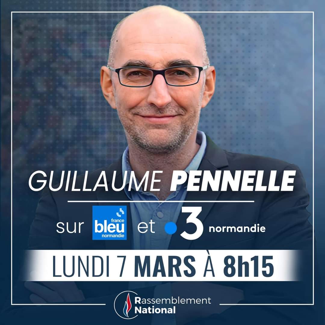 🎙️ Guillaume Pennelle, président du groupe Rassemblement National au conseil régional de Normandie sera demain à 8h15 l'invité de  @f3htenormandie et @fbleuhnormandie.

#MLaFrance #Marine2022 🇲🇫