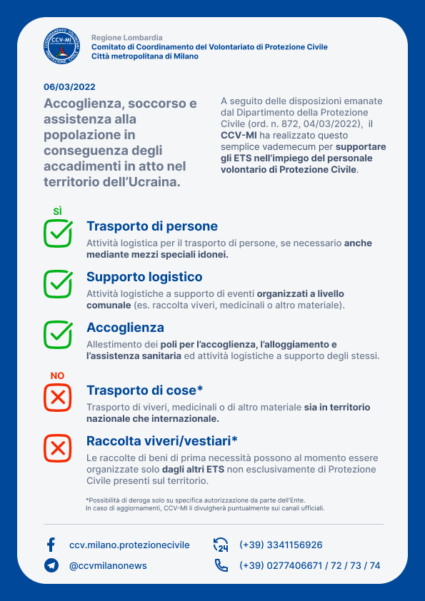 ccv_mi's tweet photo. 🇮🇹🤝🇺🇦 Aggiornamento aiuti per l'Ucraina: alla luce delle nuove disposizioni da parte del Dipartimento di Protezione Civile, proviamo a dare una lettura semplificata in merito alle attività che i volontari di Protezione Civile possono o non possono svolgere. https://t.co/xRo2lzwDCl