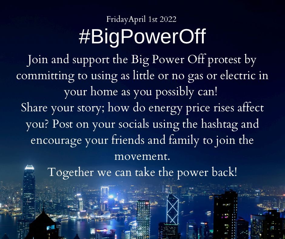 mettlesome_teri's tweet photo. 1st April #BigPowerOff use no gas or electricity or as little as you can that day. Join the movement ✊🏻 take back the power. #EnergyBillsPriceHike 
#Corporatism #DPACSheffield https://t.co/gf59bmLlag
