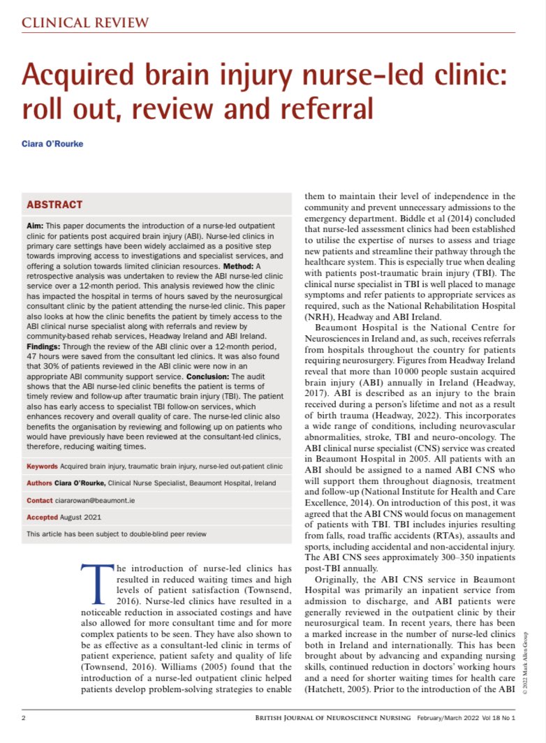This months edition of <a href="/BrJNeuroNurs/">BrJNeuroNurs</a> includes an article from our own <a href="/ciaraorourke6/">Ciara O’Rourke</a> on her nurse led OPD service. Great to see CNS initiatives like this from <a href="/Beaumont_Dublin/">Beaumont Hospital</a> highlighted <a href="/NiamhShields16/">Niamh Shields</a> #TBI #Neurosurgery #nurse #cns