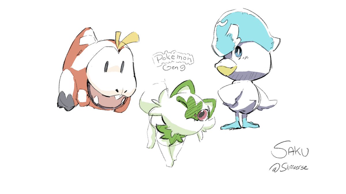 Shiiverse's tweet photo. The earlier ones had some weird proportions so I sketched some more!

#Gen9Starters #PokemonScarletViolet #Pokemon #CLIPSTUDIOPAINT https://t.co/Sn5XlqalP0