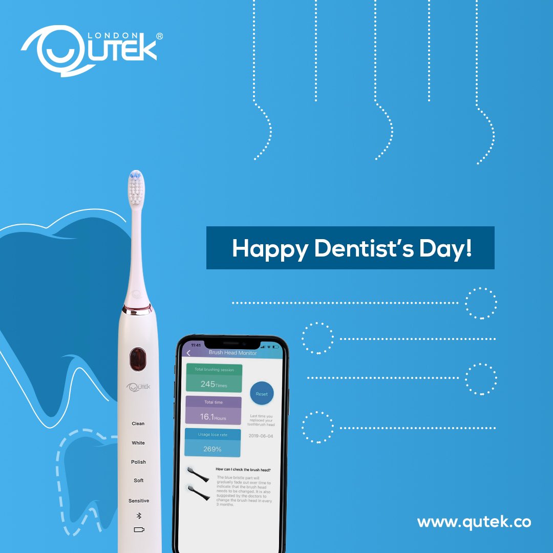 QutekGlobal's tweet photo. On National Dentist’s Day we’d like to express our gratitude &amp; appreciation to all the dentists &amp; dental specialists out there. We share the same goal at Qutek and are proud that our DENTiCARE Smart Sonic Toothbrush is clinically approved by dentists worldwide!
#Qutek_UK https://t.co/mF24zkQwkI