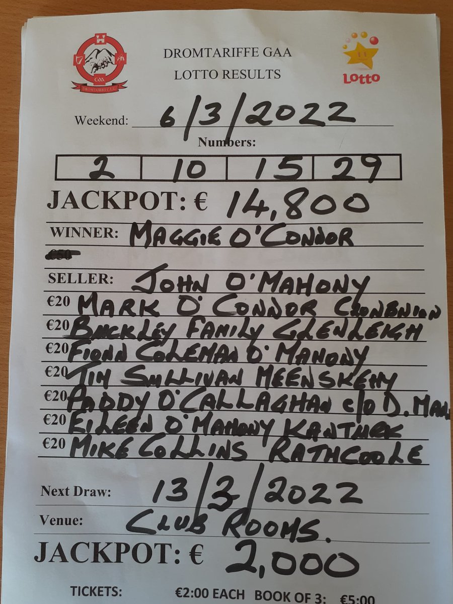 DromtarriffeGAA's tweet photo. We have a winner 🎉

Congratulations to Maggie O Connor. Enjoy the winnings. 

Lotto starts back at €2000 next week. Thanks for all your continued support https://t.co/4FEwX0PqWN