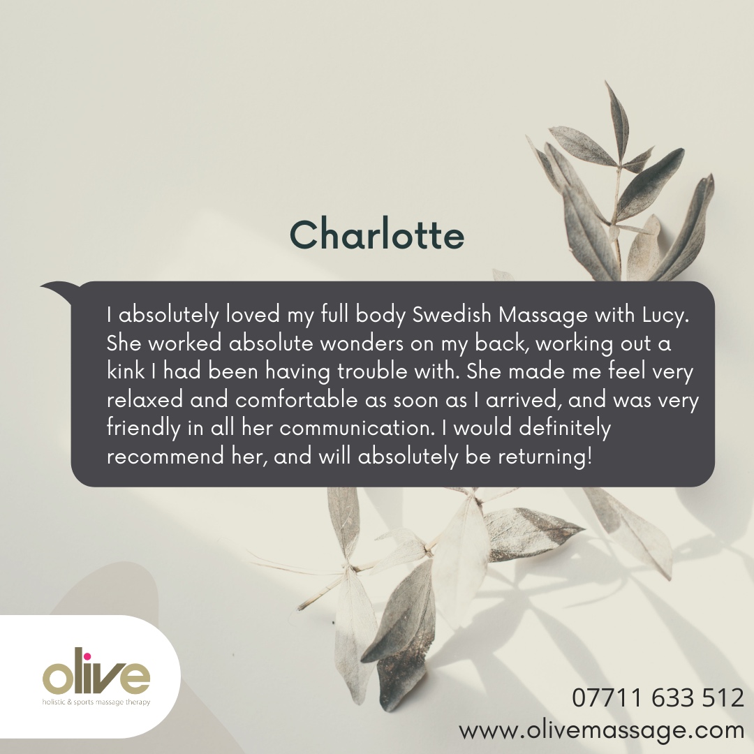 OliveMassage's tweet photo. Thank you Charlotte❤️

We love reading your reviews and we are so grateful for the support we receive from our lovely clients 💕

If you would like to book a massage but you're not sure which treatment is right for you, visit our web site or contact us on 07711 633 512 to ... https://t.co/nkbguB8e35