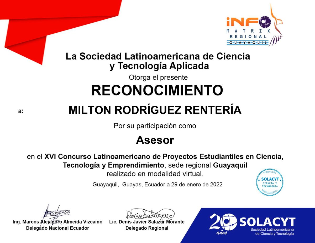 milguez's tweet photo. Con gran satisfacción de aportar para el desarrollo de proyectos educativos de ciencia y tecnología en #Infomatrix 🇪🇨 Seguiré contribuyendo a favor de la innovación y emprendimiento a través del #aprendizaje.
#Ecuador #Guayaquil #Solacyt #educación https://t.co/GJpRSWRf4U