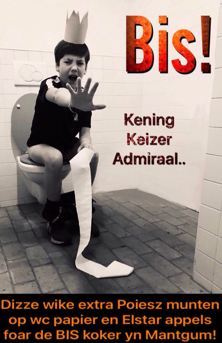 Dizze wike extra Poeisz munten op wc papier en Elstar appels foar de de BIS koker yn Mantgum!
