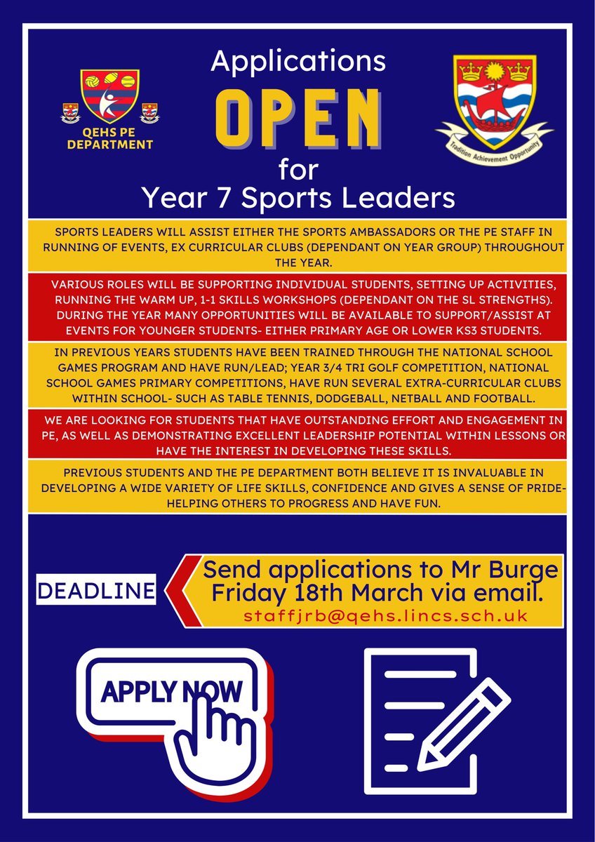 QEHSPE's tweet photo. Year 7 Sport Leader Applications Open ๐ฅ๐ฅ๐ฅ๐ฅ๐ฅ๐ฅ๐ฅ๐ฅ
Deadline Friday 18th March - Please see information attached and
more information will be shared during Year Assembly on Tuesdayโฆ..@QueenElizHigh #leadershipforlearning https://t.co/JkA15bs0sO