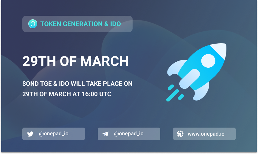 onepad_io's tweet photo. We are super pumped to announce that token generation event ( TGE ) &amp; initial dex offering ( IDO ) for $OND will take place on 29th of march.

Pre-IDO will take place on 28th of March.

KYC and Platform information to be announced in the coming days.

$OND $ONE https://t.co/B0SvV6ONgV