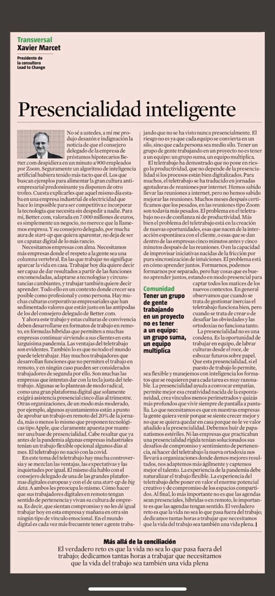 MMarOrta's tweet photo. El éxito del teletrabajo, pasa por no perder la presencialidad, fomentar la cultura de empresa, poner a las personas en el centro, pensar en equipo, escuchar, en definitiva sin dejar a nadie atrás.
Gracias @XavierMarcet, indispensable lectura. https://t.co/BGeWilzde6