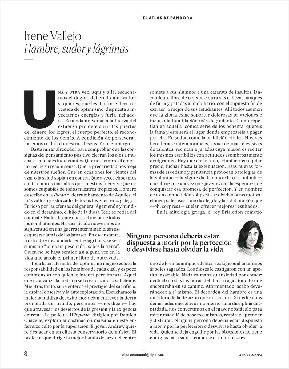 El éxito no debe medirse en términos de humillaciones recibidas, esfuerzos extenuantes o en, simplemente, olvidar la vida. 

#Leer «Hambre, sudor y lágrimas». De nuevo sublime, <a href="/irenevalmore/">Irene Vallejo</a> | vía <a href="/sergio_mira/">Sergio Mira Jordán</a>