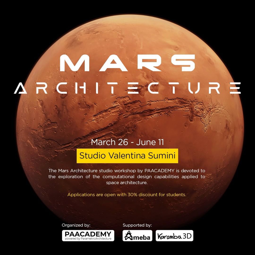 parametricarch's tweet photo. The Mars Architecture studio workshop by PAACADEMY is devoted to the exploration of the computational design capabilities applied to space architecture. Apply Now: 🔗 https://t.co/yxXRV0a8DR

Topic: Mars Architecture
Instructores: Valentina Sumini and Marta Rossi https://t.co/cIyttscNN1