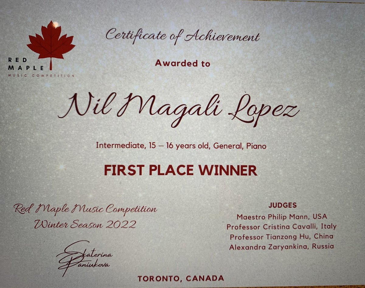 Değerli dostlar, güzelyavrum Nil Magali Lopez Kanada Red Maple Müzik Yarışması’nda piyano kategorisinde oylarınızla Seyirci Ödülü’nü almaya hak kazandı. Biraz önce de jüri değerlendirmesinde 15-17 yaş kategorisinde 1. Lik ödülüne de layık görüldüğünü öğrendik. Paylaşmak istedim🙏🏻