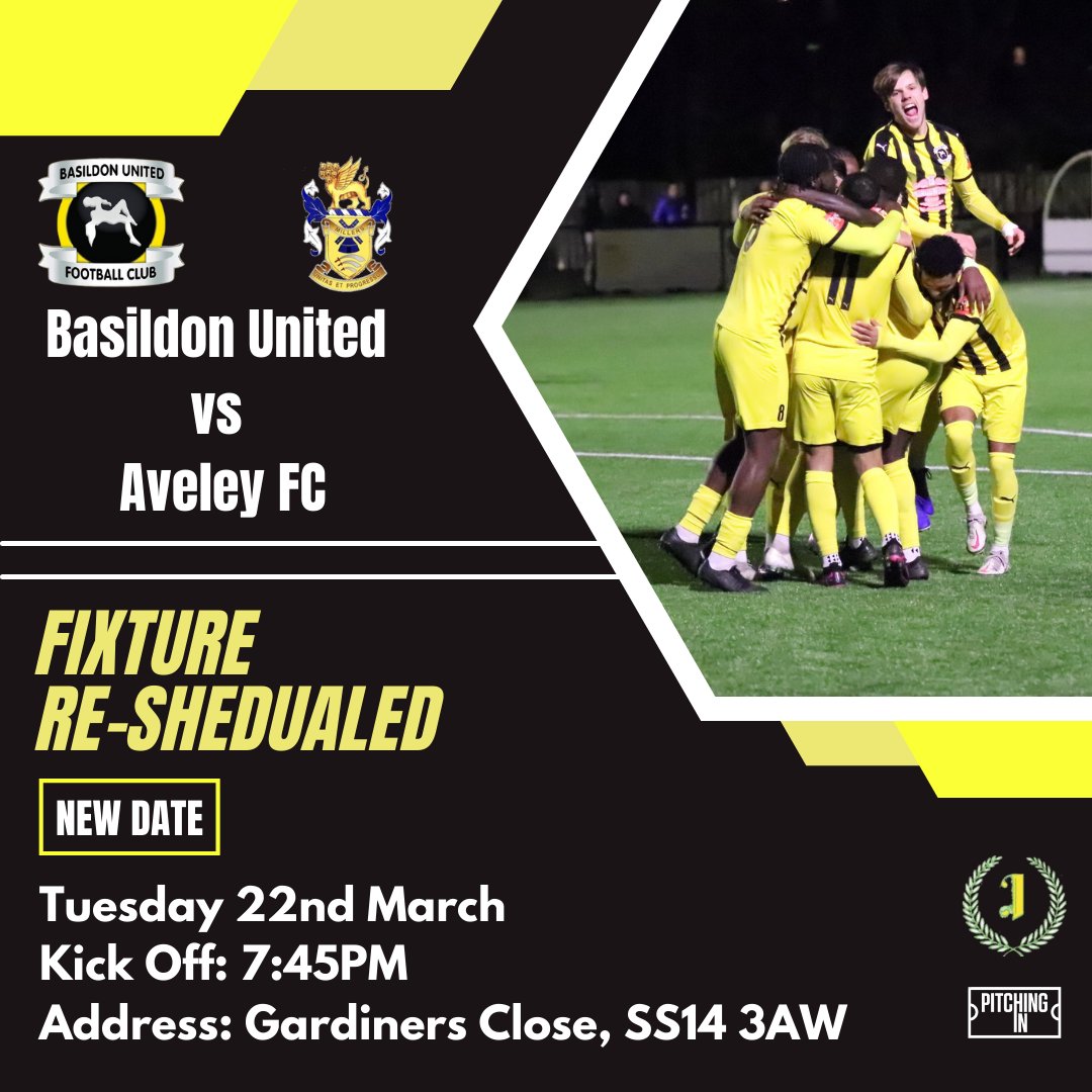 Basildon United Football Club ๐ (@basutdfc) on Twitter photo Re-Scheduled //๐๐กโซ //
๐Our recently postponed game against Aveley FC has been rearranged for Tuesday 22nd March.
๐<a href="/IsthmianLeague/">The Pitching In Isthmian League</a>
โฝ๏ธGame: Basildon United vs Aveley
โฐKick Off: 7:45PM
๐ Address: Gardiners Close, SS14 3AW
๐๏ธAdmission Fees: Adult - ยฃ10 | Con - ยฃ5 | U16s- ยฃ2 Re-Scheduled //๐๐กโซ //
๐Our recently postponed game against Aveley FC has been rearranged for Tuesday 22nd March.
๐<a href="/IsthmianLeague/">The Pitching In Isthmian League</a>
โฝ๏ธGame: Basildon United vs Aveley
โฐKick Off: 7:45PM
๐ Address: Gardiners Close, SS14 3AW
๐๏ธAdmission Fees: Adult - ยฃ10 | Con - ยฃ5 | U16s- ยฃ2