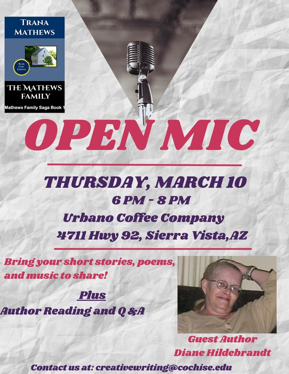 MathewsTrana's tweet photo. #SierraVista #openMic #guestAuthor If you're in this area, please come out to Urbano's Coffee on Thursday, March 10th at 6 pm#fun! https://t.co/ESwVJUqVkG
