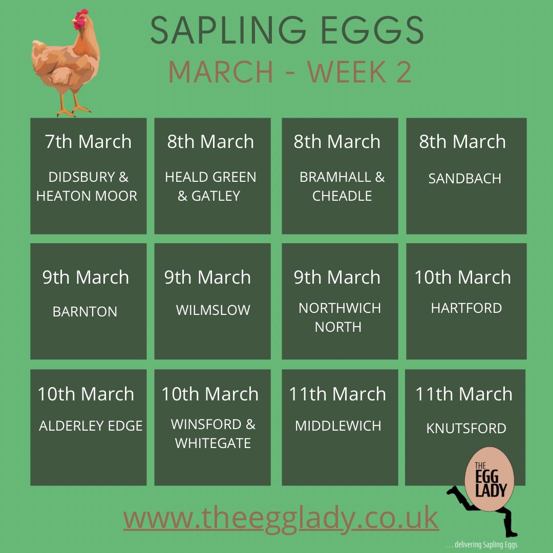 Happy Sunday folks! 😊. Did everyone have a good weekend? A big shout out to all of our lovely new followers! Deliveries for this coming week are listed below. There is still time to place an order for delivery tomorrow (#Didsbury &amp; #heatonmoor ).  Wishing you all a fab week. 💛