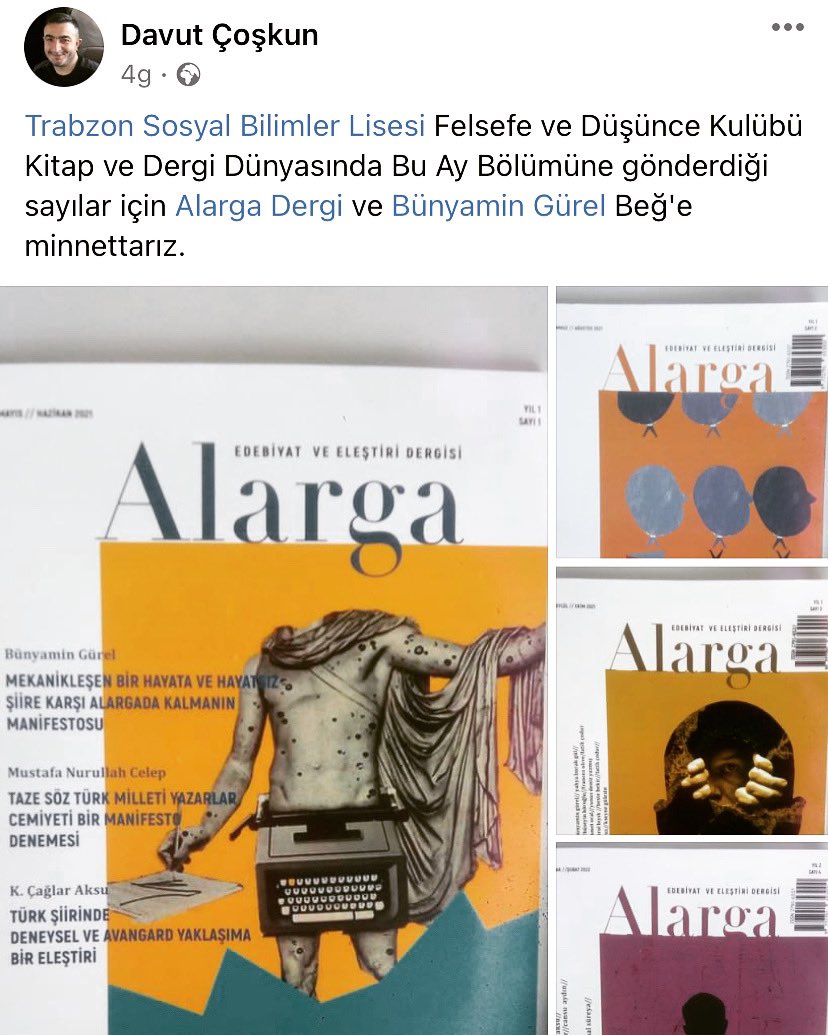Trabzon Sosyal Bilimler Lisesi Felsefe Kulübü öğrencileri de artık Alarga okuyor. 

#alarga #alargadergi #edebiyat #felsefe #trabzonsosyalbilimlerlisesi #şiir #Öykü #edebiyatdergileri