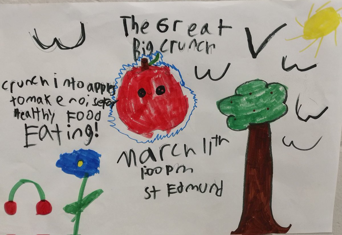 StEdmundEcoTeam's tweet photo. Our Junior Eco Wildcats are getting ready to lead us in the loudest CRUNCH ever! Families can support our St Edmund school wide initiative by sending in a crunchy extra snack for our coordinated crunch at 1pm on Fri Mar 11th, 2022. 🍎🍏🥕🥕@StEdmundEcoTeam https://t.co/MObDKw64ol