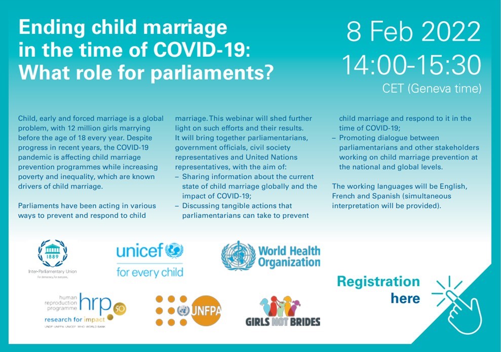 Girls Not Brides (@girlsnotbrides) on Twitter photo Ending #ChildMarriage will improve the health of millions of girls. #COVID19 could stall, or even reverse the significant progress in recent years to reduce this harmful practice. What's being done?
<a href="/UNICEF/">UNICEF</a> <a href="/UNFPA/">UNFPA</a> <a href="/WHO/">World Health Organization (WHO)</a> <a href="/IPUparliament/">IPUparliament</a>
Register to join: bit.ly/EndingCEFM Ending #ChildMarriage will improve the health of millions of girls. #COVID19 could stall, or even reverse the significant progress in recent years to reduce this harmful practice. What's being done?
<a href="/UNICEF/">UNICEF</a> <a href="/UNFPA/">UNFPA</a> <a href="/WHO/">World Health Organization (WHO)</a> <a href="/IPUparliament/">IPUparliament</a>
Register to join: bit.ly/EndingCEFM