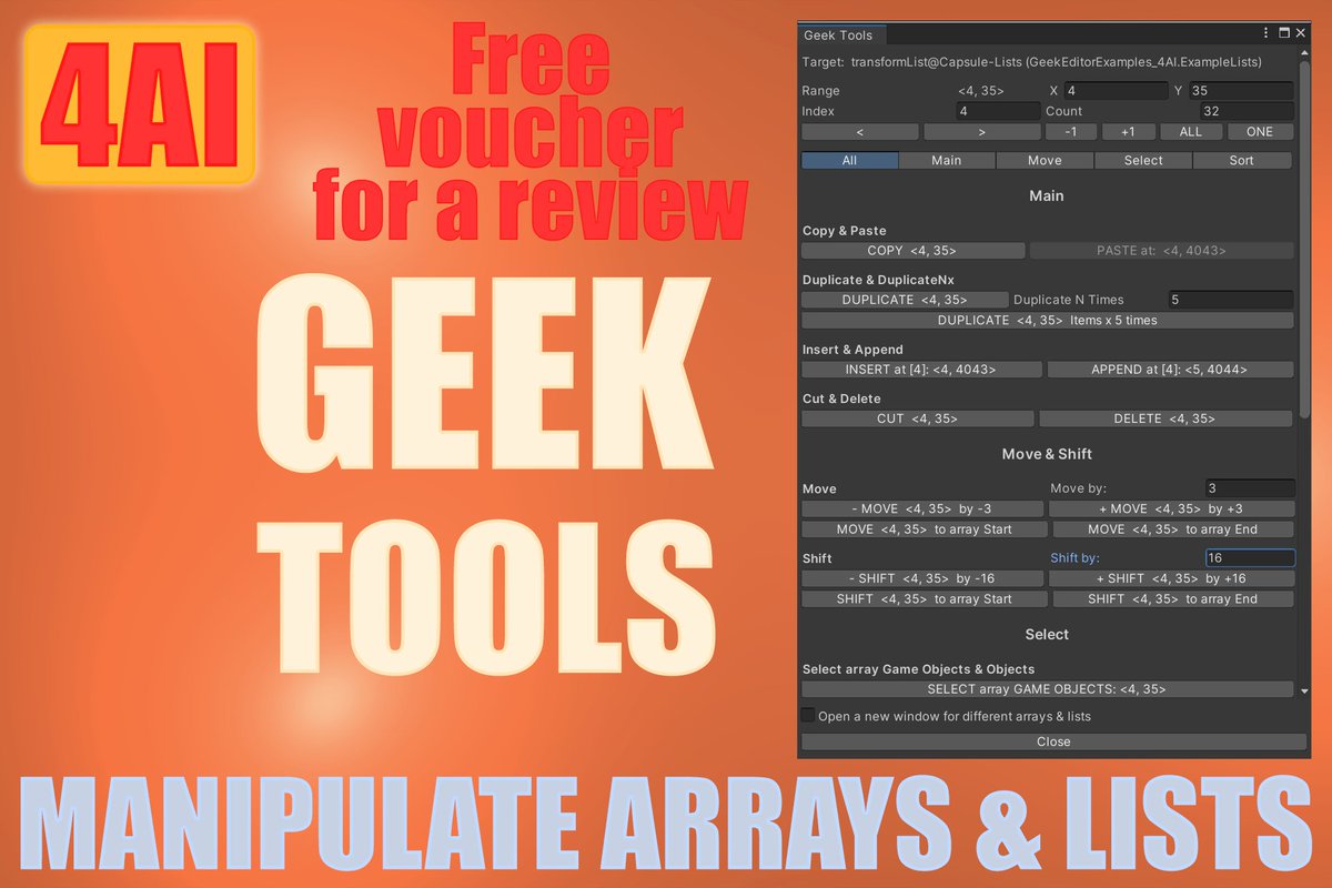 4AI3D's tweet photo. Get a #free #voucher for reviewing Geek Tools - a #plugin for #Unity. 
Rearrange, copy-paste, sort ... array and list items in the Unity Inspector. Learn more: https://t.co/49WSharEaF, https://t.co/vZKMckOcBK .
#unity3d #unitydev #AssetStore #UnityAssetStore #UnityEditor #unity2d https://t.co/D79Z38qMXt