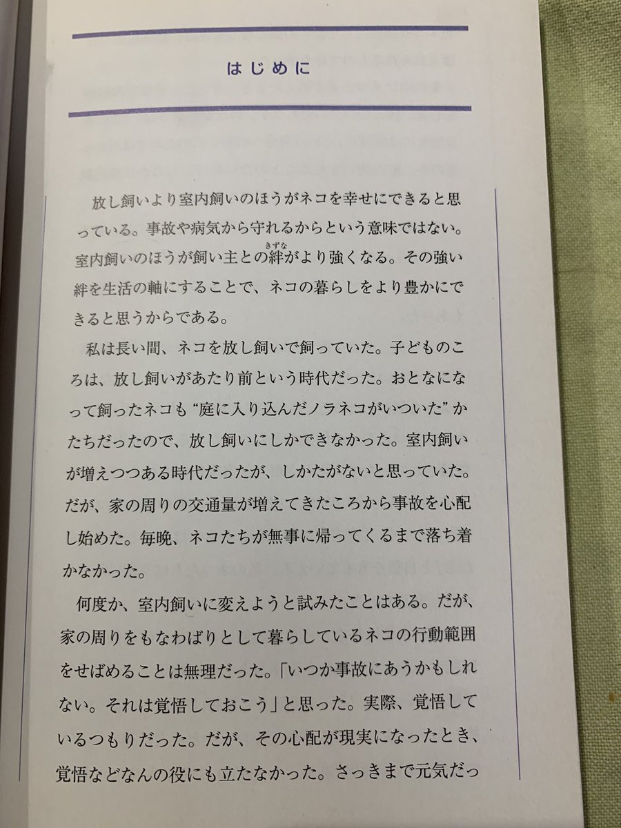 harufoot's tweet photo. BOOK・OFFで何気なく手に取った加藤由子 著｢ネコを長生きさせる50の秘訣｣の『はじめに』を多く方々、特に放し飼いをされている方に届くこと切に願って。

放し飼いより室内飼いのほうがネコを幸せにできると思っている。事故や病気から守れるからという意味ではない。室内飼いのほうが飼い主との絆が https://t.co/0f7SDFAUhA