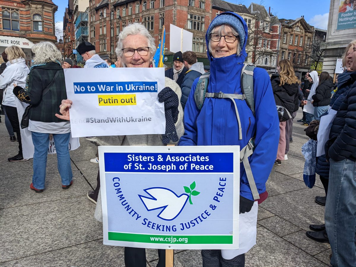 The CSJP Sisters from St Joseph’s House of Hospitality participated in the Global Day of Action against the war in #Ukraine️ today at Market Square in Nottingham. Pictured here are Sisters Margaret and Margie. Photo by Sister <a href="/liz_dodd/">Liz Dodd</a> 

#PeaceInUkraine 
#PeaceNotWar 
#peace
