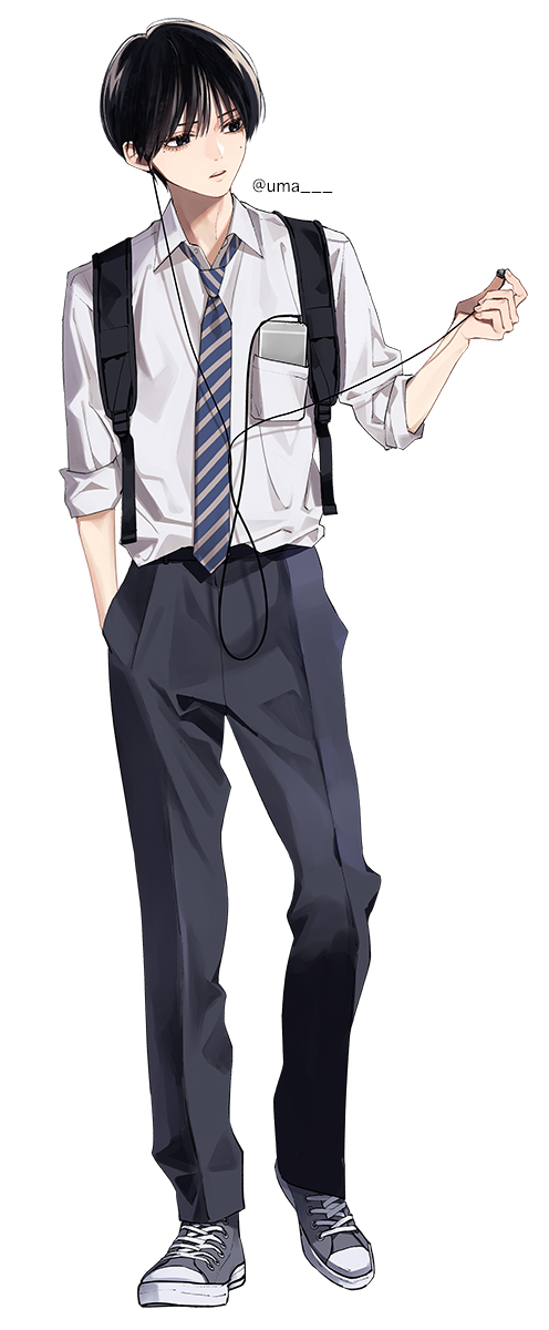 1boy male focus solo necktie black hair earphones white background  illustration images