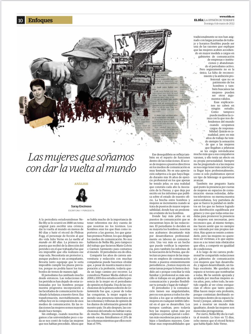 sarayencinoso's tweet photo. Las mujeres que soñamos con dar la vuelta al mundo. 

Mi contribución al 8 de marzo en @eldia y @laprovincia_es pretende ser un homenaje a tantas y tantas compañeras que me han ayudado desde que llegué a la profesión. https://t.co/eAB2gA9Iyr