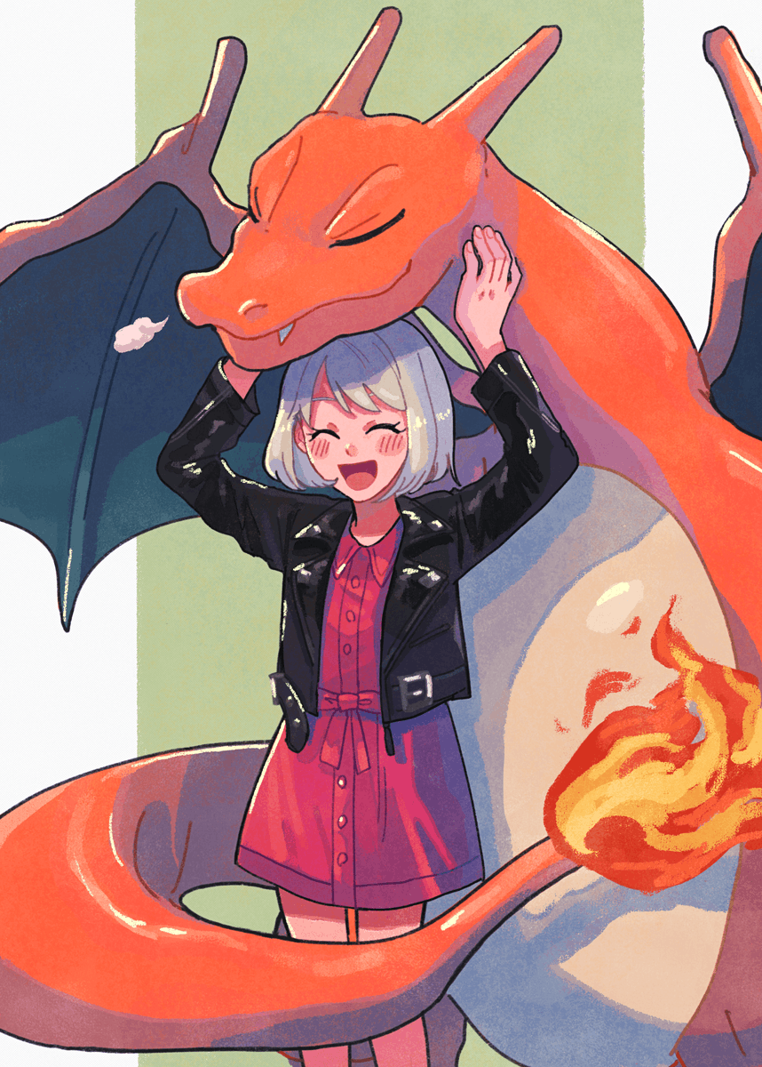 charizard 1girl flame-tipped tail dress closed eyes leather jacket leather jacket  illustration images