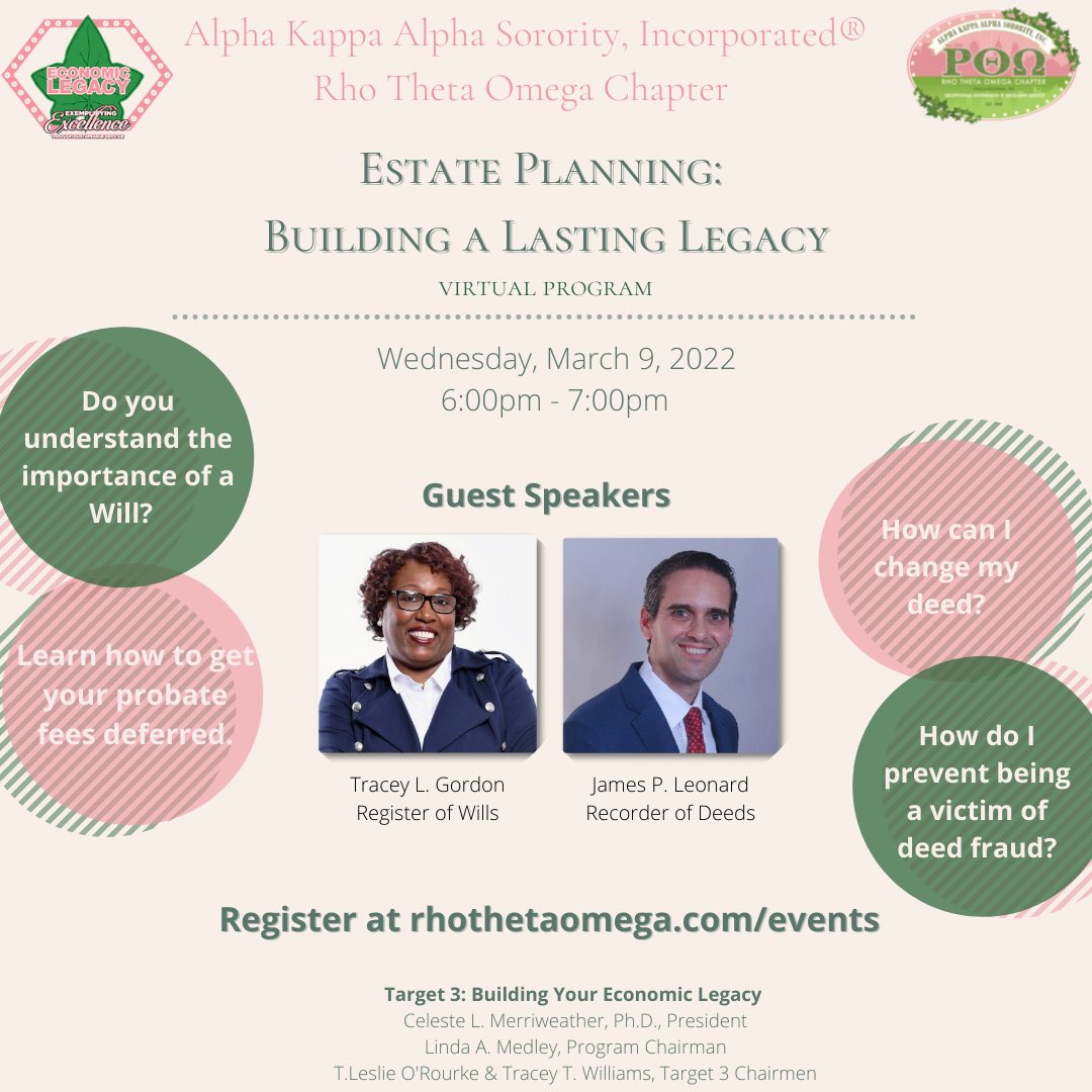 JimPHLRecords's tweet photo. Excited to join @mstraceygordon @phlrow this week to discuss #tangledtitle, #deedfraud, and estate planning at this event hosted by Alpha Kappa Alpha Sorority @akasorority1908. Join us! Registration info below! https://t.co/x8iENLGv1S