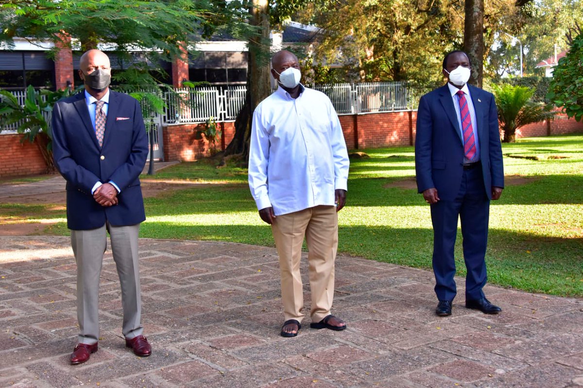 NationBreaking's tweet photo. OKA LEADERS Kalonzo Musyoka, Gideon Moi meet with Ugandan President Yoweri Museveni at State House Nakasero in Kampala, Uganda. https://t.co/XYISvkBtVx