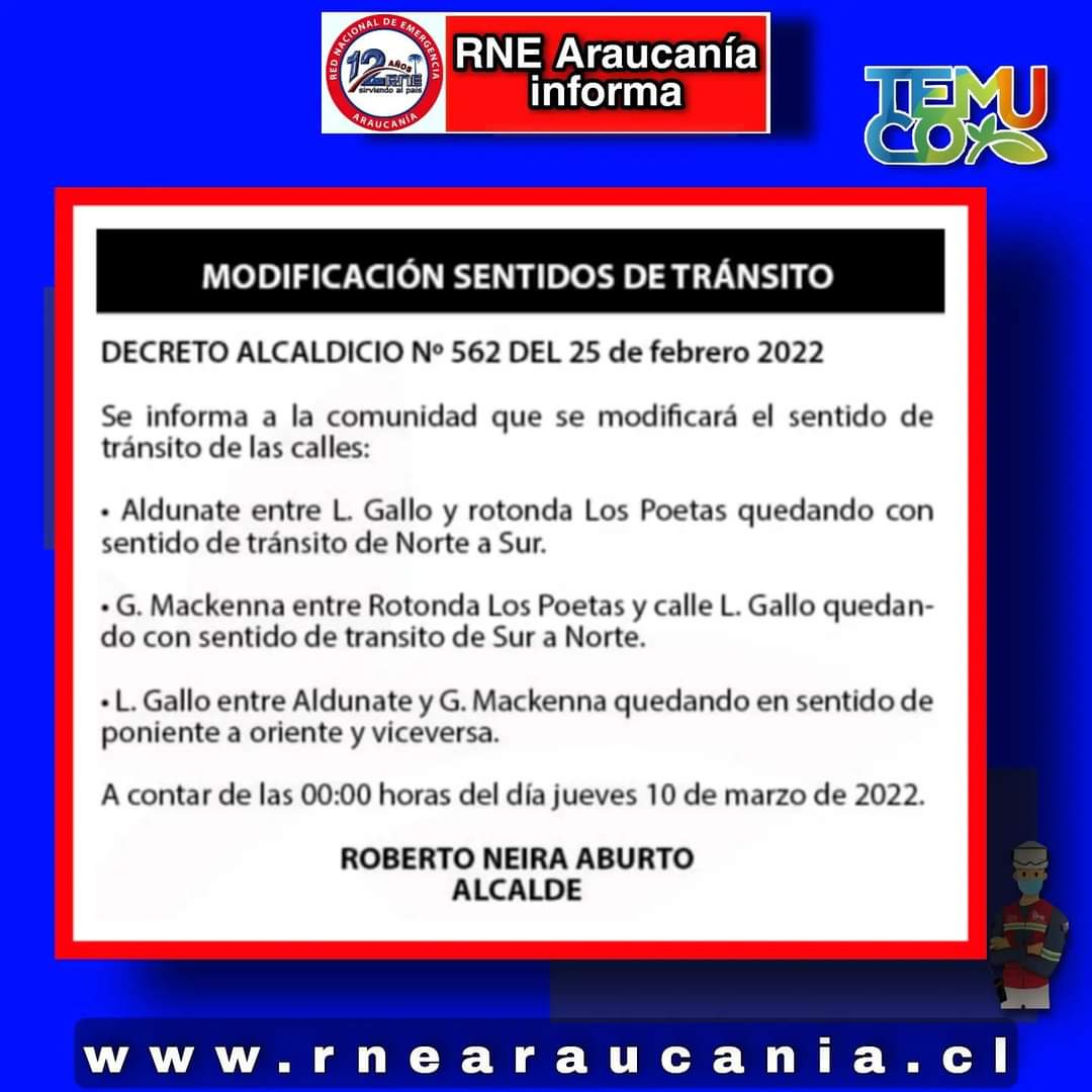 RNEAraucania's tweet photo. #TEMUCO IMPORTANTE, desde jueves 10 de marzo, cambio en sentido de calles que se indica:
#PrepáratePiensaActúa
#TodosSomosRne
#Araucanía
#RneWeb
🌐https://t.co/VA7TT8m37o 🇨🇱 https://t.co/ZxyxpHzlOF