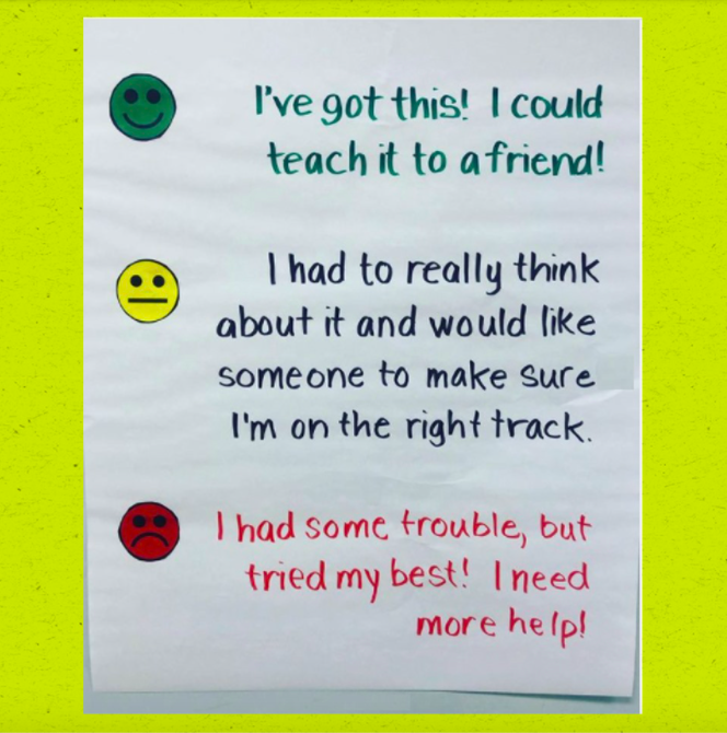 From teaching it to a friend – to trying one's best!

This "quick check" chart helps T Mrs. Walker plug in to her learners' progress: 

#TeacherTwitter