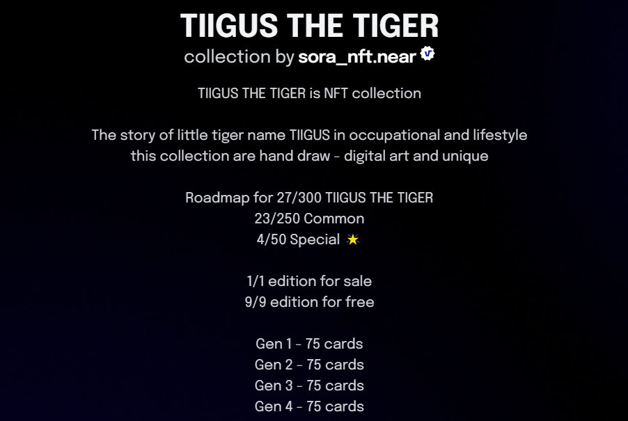 Roadmap for 300 TIIGUS THE TIGER 🐯
Now Gen1 27/75 cards available on <a href="/ParasHQ/">Paras 🟩🟧</a> 
paras.id/collection/tii…

#Paras #ParasNFT #NFT #NEAR #nearNFTs #NFTcollectors #NFTCollection