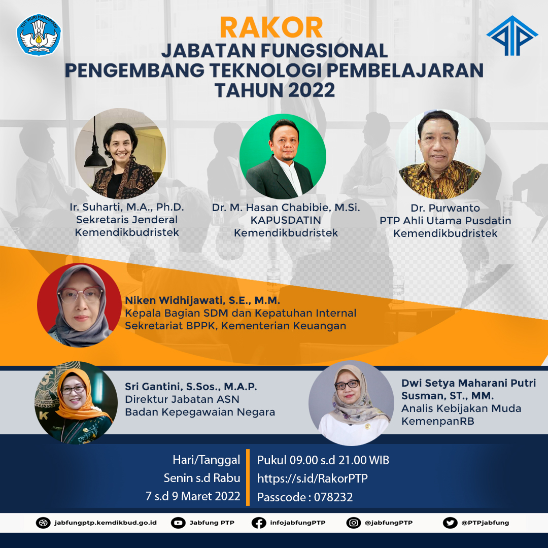 PTPJabfung's tweet photo. PTP di seluruh Indonesia,Atasan PTP, Biro SDM,Badan Diklat,Pusdiklat K/Lembaga/Pemda, hadirilah Rakor JF  PTP Tahun 2022 pada Hari/ tgl : Senin s.d Rabu, 7 s.d 9 Maret 2022,  Pukul : 09.00 - 21.00 WIB.
tautan zoom:
https://t.co/nzlYPa4yWv
Passcode: 078232 https://t.co/I82x3xlt84