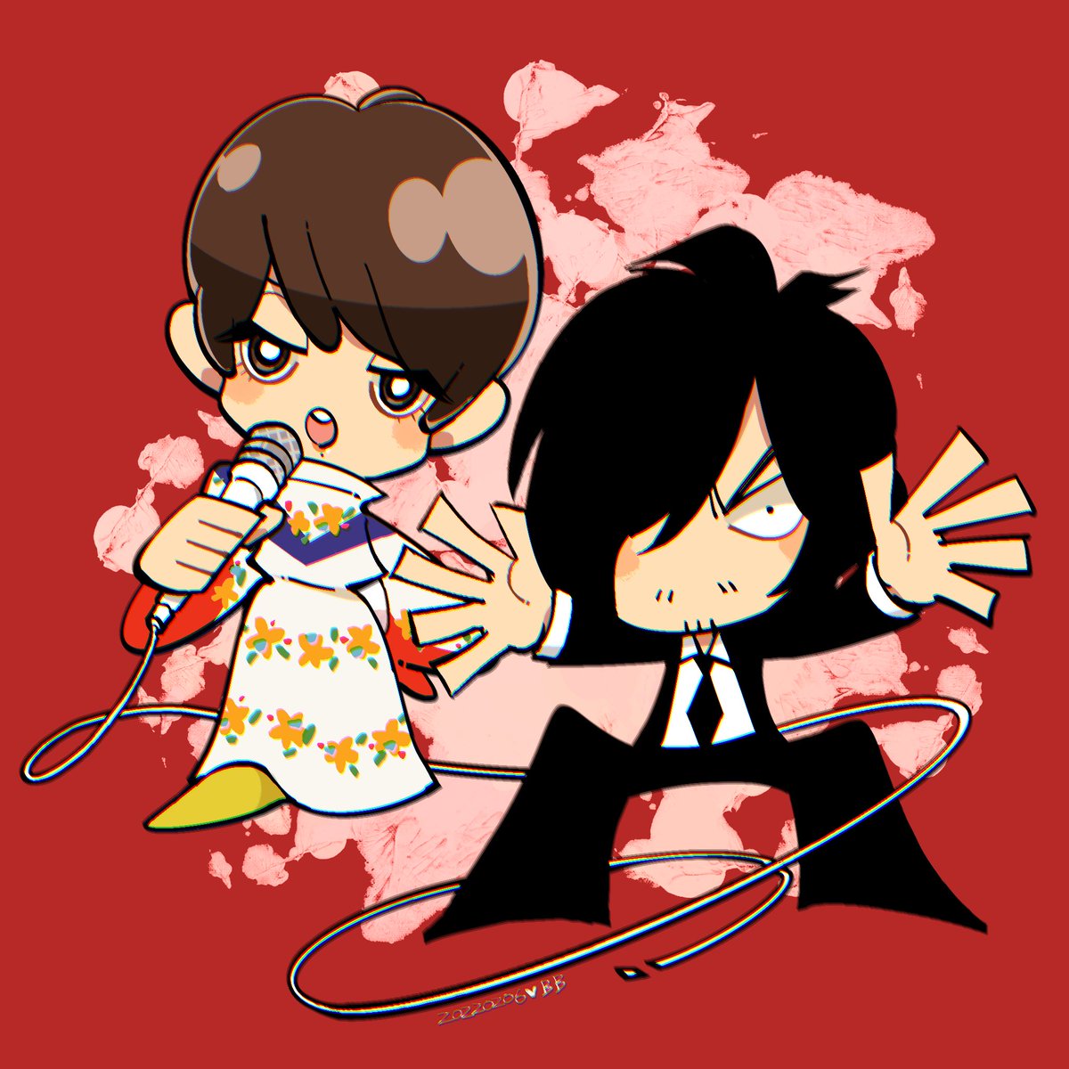 microphone black hair necktie red background brown hair chibi dress  illustration images