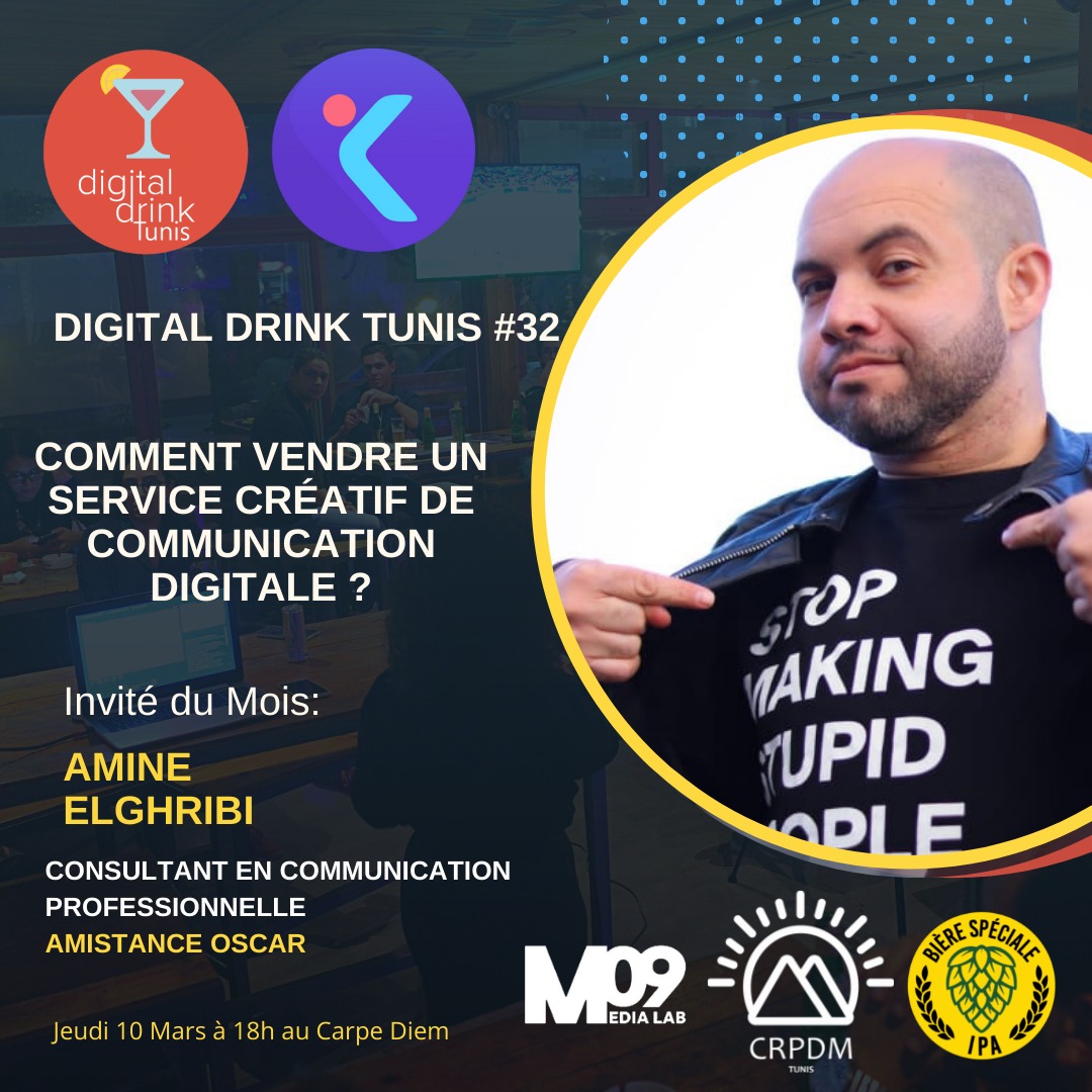 digitaldrinktn's tweet image. On très heureux d'annoncer que ami Amie Ghribi, Consultant en communication professionnelle, producteur animateur à ExpressFm et co-fondateur "MediaLab109", sera l'invité de la 31ème édition du #DigitalDrink jeudi 10 mars à 18h au Carpe Diem

Inscription:  bit.ly/DDTunis22