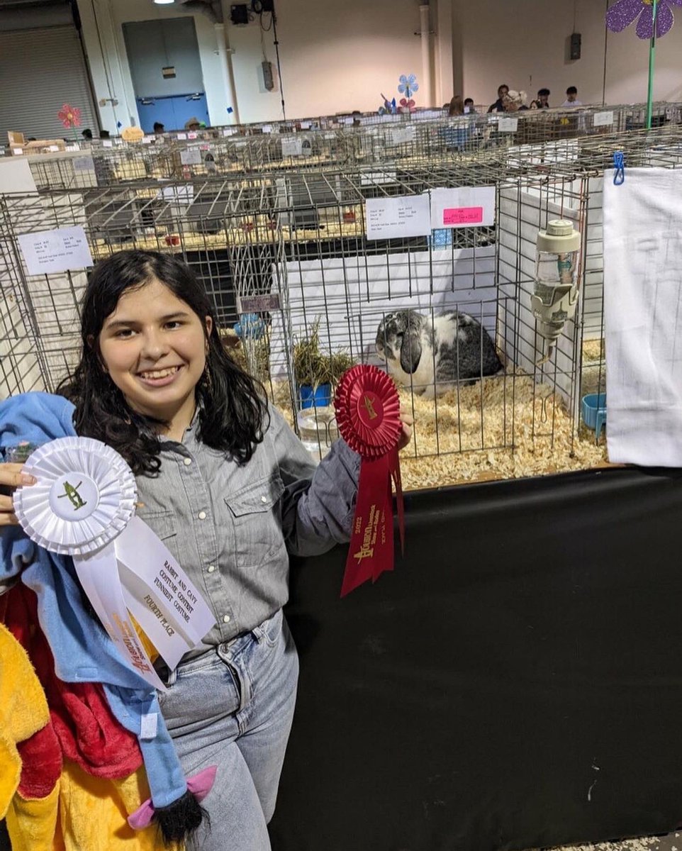 elkins_ffa's tweet photo. Congratulations to Sara and Eeyore for placing 2nd in Best Character Representation and 4th for Funniest Costume in the Rabbit Costume Contest!! @EHS_Knightswire @FBISD_CTE https://t.co/J6jwvQbsOn