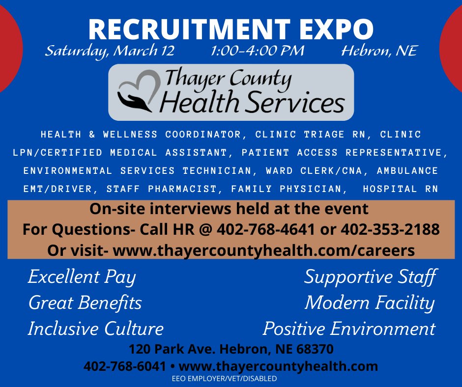 tchsne's tweet photo. Share with family &amp; friends that we are having a Recruitment Expo on Sat. March 12th from 1-4 pm at 120 Park Ave, Hebron, NE
Great place to work, excellent pay, outstanding benefits &amp; medical and non-medical positions are available.
See you there! https://t.co/5xvR6atWfm