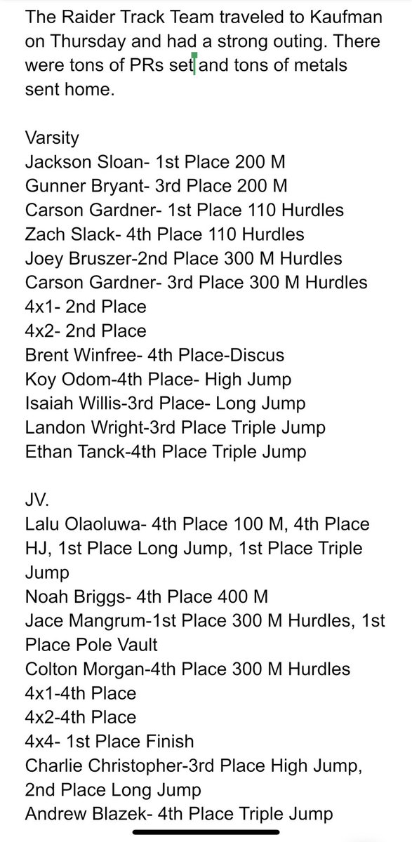 CodyStutts's tweet photo. The Raiders had a great first meet on Thursday when they traveled to Kaufman.
There were tons of PR’s and metals brought home! @SvaleTrackField 🏆https://t.co/u2ajDGSNRv https://t.co/iWmXmp1zfW