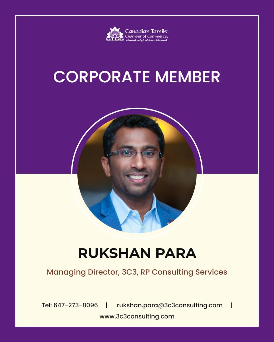 Thank you, @rukshanpara, for your continued support of the Canadian Tamil Chamber of Commerce!
Rukshan Para is an investment banking consultant who has been in the banking industry for the past 17 years. 
For more information please visit his website
3c3consulting.com