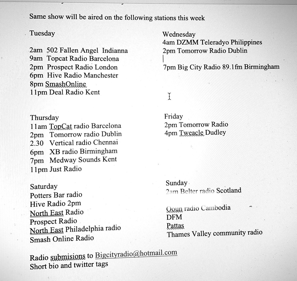 MeMyselfI's tweet photo. Where your music will be played this week on the syndicated Me Myself and I show 
There will also be a copy of the show via Hive radio at the end of the week :) https://t.co/AirCaND0bM